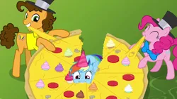 Size: 1280x720 | Tagged: safe, derpibooru import, screencap, cheese sandwich, pinkie pie, rainbow dash, earth pony, pegasus, pony, pinkie pride, season 4, ^^, bowtie, cheese, chewing, cupcake, cute, dashabetes, eating, eyes closed, food, hat, image, mouth hold, nom, party hat, pizza, png, that pony sure does love pizza, tomato, top hat
