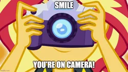 Size: 800x450 | Tagged: safe, artist:mlpfan3991, derpibooru import, sunset shimmer, equestria girls, equestria girls series, forgotten friendship, camera, caption, female, image, jpeg, looking at you, meme, smiling, solo, text