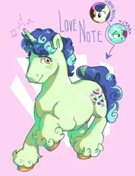 Size: 1740x2274 | Tagged: safe, artist:poniesart, derpibooru import, oc, oc:love note, unofficial characters only, pony, unicorn, image, magical lesbian spawn, offspring, parent:bon bon, parent:lyra heartstrings, parents:lyrabon, pink background, png, simple background, solo