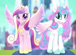 Size: 2100x1500 | Tagged: safe, artist:kiracatastic, derpibooru import, princess cadance, princess flurry heart, alicorn, pony, base used, colored wings, colored wingtips, crown, crystal empire, duo, duo female, female, hoof shoes, image, jewelry, mare, mother and child, mother and daughter, older, older flurry heart, png, princess shoes, regalia, wings