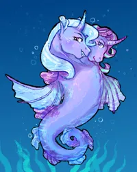 Size: 2048x2555 | Tagged: safe, artist:poniesart, derpibooru import, sea pony, unicorn, bubble, female, fins, fish tail, flowing mane, fusion, fusion:starlight glimmer, fusion:trixie, horn, image, jpeg, looking at you, multiple heads, ocean, seaponified, seaweed, smiling, smiling at you, solo, species swap, swimming, tail, two heads, underwater, water