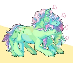 Size: 2048x1782 | Tagged: safe, artist:poniesart, derpibooru import, earth pony, pony, eight legs, four heads, fusion, fusion:minty, fusion:minty (g1), fusion:minty (g4), fusion:minty (g5), image, multiple heads, multiple legs, multiple limbs, png, solo