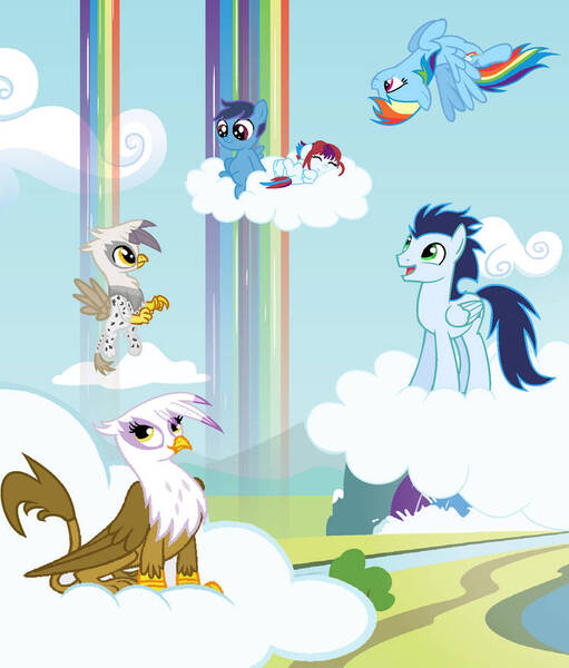 Size: 750x881 | Tagged: safe, artist:marbowsta, derpibooru import, gilda, rainbow dash, soarin', oc, gryphon, pegasus, pony, baby, baby pony, cloud, colt, female, filly, flying, foal, image, jpeg, male, mare, offspring, parent:gilda, parent:rainbow dash, parent:soarin', parents:soarindash, shipping, soarindash, stallion, straight