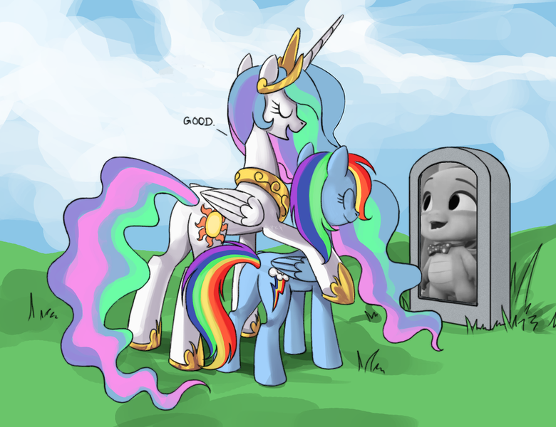 Size: 910x700 | Tagged: safe, artist:zadrave, edit, edited screencap, ponerpics import, ponybooru import, screencap, princess celestia, rainbow dash, sparky sparkeroni, alicorn, dragon, pegasus, pony, g5, my little pony: make your mark, spoiler:g5, spoiler:my little pony: make your mark, spoiler:my little pony: make your mark chapter 4, spoiler:mymc04e05, butt, celestia's grave meme, duo, exploitable meme, female, g4, gravestone, hoof shoes, image, implied death, male, mare, meme, my little pony: make your mark chapter 4, op has an opinion, op is trying to be funny, plot, png, side hug, sparkybuse, the manesquerade ball