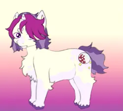 Size: 827x749 | Tagged: safe, artist:hivecicle, derpibooru import, oc, unnamed oc, unicorn, agender, bangs, image, markings, pink fur, pink hair, png, purple eyes, purple hair, short hair, short tail, solo, striped hair, tail, yellow fur