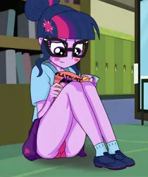 Size: 3442x4096 | Tagged: suggestive, artist:gmaplay, derpibooru import, edit, editor:mlplove, sci-twi, twilight sparkle, equestria girls, aroused, background, black glasses, blue hair, blue shirt, blue shoes, blue socks, book, bookshelf, breasts, busty sci-twi, butt, clothes, complex background, cutie mark accessory, cutie mark hair accessory, cutie mark on skirt, dark pink panties, elbows, eye, eyebrows, eyelashes, eyes, face, fingers, glass door, glasses, hair accessory, hair bun, hand, high res, holding, holding book, image, jpeg, knees, legs, library, lockers, looking at something, nerd, nose, panties, panty shot, purple eyes, purple skin, purple skirt, reading, school uniform, shoulder, sitting, skirt, smiling, socks, stupid sexy sci-twi, thigh, thigh highs, tile floor, twibutt, underwear, underwear edit, upskirt, velvet panties, velvet underwear