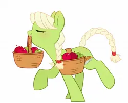 Size: 1312x1062 | Tagged: safe, artist:melodylibris, derpibooru import, granny smith, earth pony, pony, apple, basket, blushing, eyes closed, female, food, image, jpeg, mare, simple background, solo, standing on two hooves, white background, young granny smith, younger