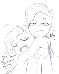 Size: 1613x2048 | Tagged: safe, artist:maren, derpibooru import, queen haven, zipp storm, pegasus, pony, g5, cross-popping veins, doodle, emanata, female, image, jpeg, mare, mother and child, mother and daughter, no, queen haven is not amused, simple background, sketch, sleepy, tired, unamused, white background
