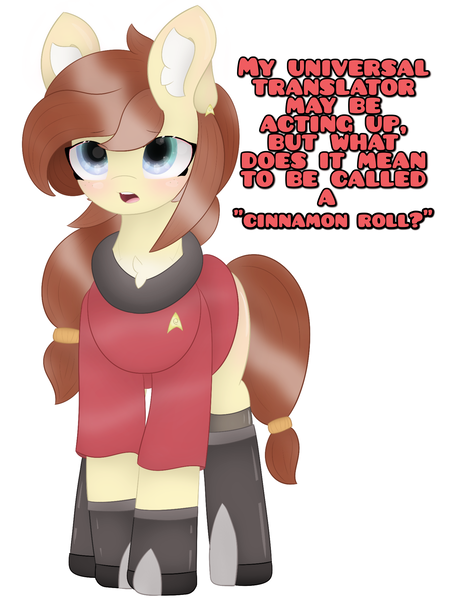 Size: 3000x4000 | Tagged: safe, artist:sodapop sprays, derpibooru import, oc, oc:redshirt, earth pony, pony, chest fluff, clothes, confused, ear fluff, image, png, redshirt, skirt, solo, star trek, star trek (tos), uniform