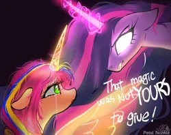 Size: 2048x1620 | Tagged: safe, artist:petaltwinkle, derpibooru import, sunny starscout, twilight sparkle, twilight sparkle (alicorn), alicorn, earth pony, pony, g5, my little pony: a new generation, black background, crying, dialogue, female, floppy ears, glow, glowing horn, gritted teeth, horn, image, jpeg, looking at each other, looking at someone, mare, race swap, simple background, sunny and her heroine, sunnycorn, teeth, that magic was not yours to give