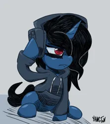 Size: 1210x1360 | Tagged: safe, artist:yamston, derpibooru import, oc, oc:victor moon, unofficial characters only, pony, unicorn, fanfic:living the dream, 2023, black mane, blue coat, clothes, emo, fanfic art, female, gray background, hair over one eye, headphones, hoodie, image, long mane, mare, offspring, parent:oc:azure moon, parent:oc:star chaser(ltd), parents:oc x oc, png, red eyes, rule 63, signature, simple background, solo