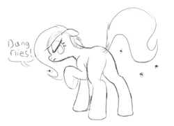 Size: 807x587 | Tagged: safe, artist:axlearts, oc, oc:delpone, unofficial characters only, earth pony, fly, insect, pony, annoyed, dialogue, dock, female, image, mare, monochrome, png, raised hoof, raised tail, sketch, solo, tail, underhoof