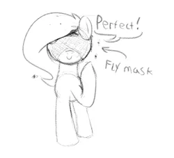 Size: 707x641 | Tagged: safe, artist:axlearts, oc, oc:delpone, unofficial characters only, earth pony, fly, insect, pony, covering eyes, dialogue, female, image, mare, mask, monochrome, png, raised hoof, sketch, smiling, solo