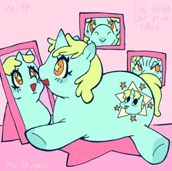 Size: 1080x1076 | Tagged: safe, artist:yui94, derpibooru import, whoa nelly, pony, unicorn, fat, female, image, lying down, mare, mirror, narcissism, picture, png, prone, solo, starry eyes, wingding eyes