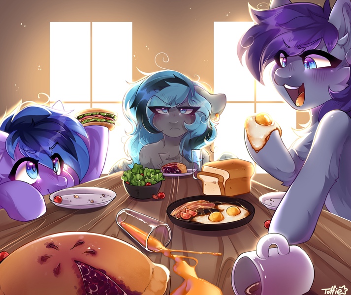 Size: 4000x3368 | Tagged: safe, artist:toffie, derpibooru import, oc, oc:luny, pegasus, pony, child, family, female, foal, food, human shoulders, image, jpeg, kitchen, mare, morning, pie, tea