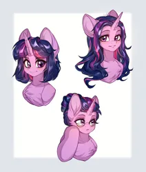 Size: 1734x2048 | Tagged: safe, artist:minekoo2, derpibooru import, twilight sparkle, unicorn, alternate hairstyle, blushing, chest fluff, glasses, image, png