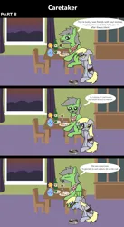 Size: 1920x3516 | Tagged: safe, artist:platinumdrop, derpibooru import, derpy hooves, oc, oc:anon, oc:anon stallion, pegasus, pony, comic:caretaker, 3 panel comic, abuse, alcohol, avoiding eye contact, black eye, bound wings, bowl, bruised, caretaker, chair, comic, commission, crying, derpybuse, dialogue, dining room, dinner, disappointed, domestic abuse, drink, drinking, dusk, eating, eyes closed, female, floppy ears, flower, flower pot, food, glass, gruel, handkerchief, image, insult, male, mare, open mouth, pasta, plant, png, raised hoof, rope, sad, salad, sitting, spaghetti, speech, speech bubble, stallion, table, talking, tears of sadness, verbal abuse, window, wine, wine glass, wings