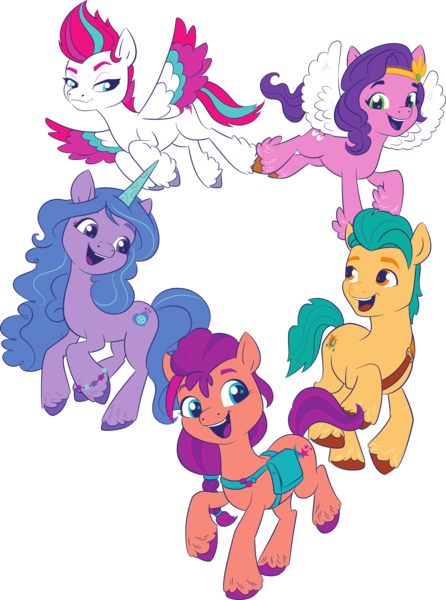 Size: 2241x3016 | Tagged: safe, derpibooru import, official, hitch trailblazer, izzy moonbow, pipp petals, sunny starscout, zipp storm, earth pony, pegasus, pony, unicorn, g5, my little pony: a new generation, .svg available, 2d, female, flying, high res, image, male, mane five, mare, open mouth, open smile, png, simple background, smiling, spread wings, stallion, transparent background, vector, wings