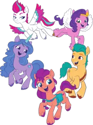 Size: 2241x3016 | Tagged: safe, derpibooru import, official, hitch trailblazer, izzy moonbow, pipp petals, sunny starscout, zipp storm, earth pony, pegasus, pony, unicorn, g5, my little pony: a new generation, .svg available, 2d, female, flying, high res, image, male, mane five, mare, open mouth, open smile, png, simple background, smiling, spread wings, stallion, transparent background, vector, wings