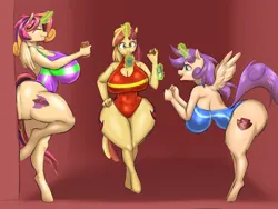 Size: 2000x1500 | Tagged: suggestive, artist:lurking tyger, derpibooru import, oc, oc:princess young heart, oc:sparkling apples, oc:sweet scooter, alicorn, anthro, unicorn, bent over, big breasts, breasts, busty oc, butt, butt squish, cleavage, clothes, commissioner:bigonionbean, feathered wings, female, female oc, fusion, fusion:apple bloom, fusion:dinky hooves, fusion:scootaloo, fusion:sweetie belle, glow, glowing horn, hips, horn, image, large butt, magic, magic aura, mobile phone, multicolored hair, open mouth, phone, png, small wings, smartphone, smiling, spread wings, swimsuit, thighs, thunder thighs, unicorn horn, wide hips, wings