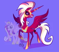 Size: 2853x2550 | Tagged: safe, artist:janegumball, derpibooru import, princess cadance, alicorn, pony, black sclera, concave belly, grin, helmet, hoof shoes, horn, horn ring, image, jewelry, jpeg, long horn, looking at you, nightmare cadance, nightmarified, peytral, princess shoes, raised hoof, raised leg, ring, slim, smiling, solo, spread wings, stylized, thin, thin legs, wings