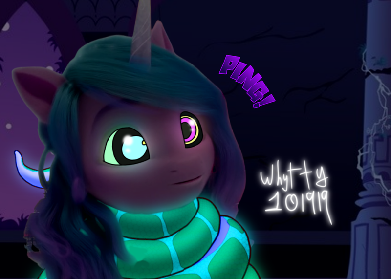 Size: 1008x720 | Tagged: episode needed, safe, artist:whitty101919, derpibooru import, edit, edited screencap, editor:whitty101919, screencap, izzy moonbow, snake, unicorn, g5, bioluminescent, hypno eyes, hypnosis, image, kaa, kaa eyes, night, png, the jungle book