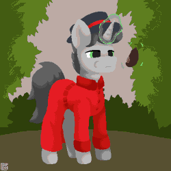 Size: 400x400 | Tagged: safe, artist:vohd, derpibooru import, oc, oc:hatter, unofficial characters only, bat pony, pony, unicorn, animated, bat ponified, cheek bulge, chest fluff, clothes, collar, confusion, corset, derpibooru exclusive, eating, female, fruit, gif, glow, glowing horn, hat, horn, image, levitation, magic, male to female, mare, race swap, rule 63, shrinking, signature, solo, telekinesis, transformation, transformation sequence, trenchcoat