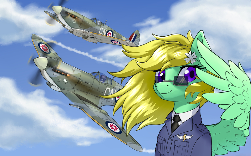 Size: 4254x2646 | Tagged: safe, artist:qwq2233, derpibooru import, edit, spitfire, oc, oc:concentric rings, oc:horsewhite, oc:midnight hurricane, unofficial characters only, pegasus, pony, equestria at war mod, clothes, fighter, fighter plane, flower, flower in hair, image, jpeg, looking at you, plane, solo focus, spread wings, sunglasses, supermarine spitfire, uniform, wind, windswept mane, wings, wonderbolts dress uniform