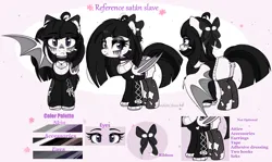 Size: 3462x2070 | Tagged: safe, artist:2pandita, derpibooru import, oc, oc:satán slave, bat pony, pony, bandaid, bandaid on nose, black eyeshadow, black hair, bow, butt fluff, choker, clothes, ear piercing, earring, eyeshadow, fangs, female, fishnets, folded wings, frown, goth, gothic, gray eyes, hair bow, hairclip, image, jewelry, lidded eyes, looking at you, makeup, mare, necklace, piercing, pink background, png, reference sheet, ripped stockings, simple background, smiling, socks, solo, spread wings, standing, stockings, sweater, text, thigh highs, torn clothes, watermark, wing piercing, wings
