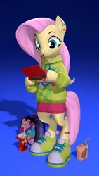 Size: 2160x3840 | Tagged: safe, artist:owlpirate, derpibooru import, fluttershy, pegasus, pony, semi-anthro, 3d, 3ds, 4k, backpack, bandaid, clothes, dexterous hooves, ear piercing, earring, female, food, gradient background, high res, hoodie, hoof hold, image, jewelry, juice, juice box, mare, mouth hold, piercing, png, pocky, shoes, smiling, sneakers, solo, source filmmaker