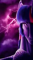 Size: 768x1366 | Tagged: safe, artist:oneiria-fylakas, derpibooru import, twilight sparkle, pony, abstract background, female, frown, image, jpeg, lightning, mare, multicolored hair, multicolored mane, purple, solo, storm, thunderstorm