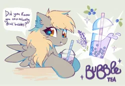 Size: 2048x1402 | Tagged: safe, artist:mirtash, derpibooru import, derpy hooves, pegasus, pony, bubble tea, dialogue, drink, drinking straw, eyebrows, eyebrows visible through hair, image, jpeg, looking at you, smiling, solo, spread wings, wings