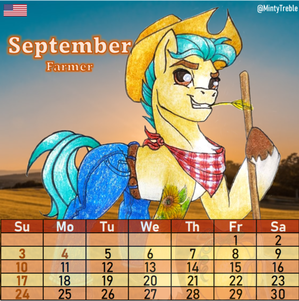 Size: 979x984 | Tagged: safe, artist:mintytreble, derpibooru import, hitch trailblazer, earth pony, pony, g5, my little pony: a new generation, calendar, clothed ponies, clothes, farmer, image, male, png, september, solo, stallion