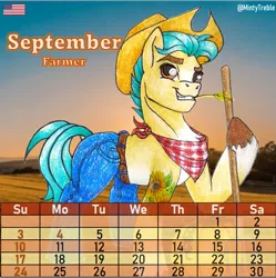 Size: 979x984 | Tagged: safe, artist:mintytreble, derpibooru import, hitch trailblazer, earth pony, pony, g5, my little pony: a new generation, calendar, clothed ponies, clothes, farmer, image, male, png, september, solo, stallion