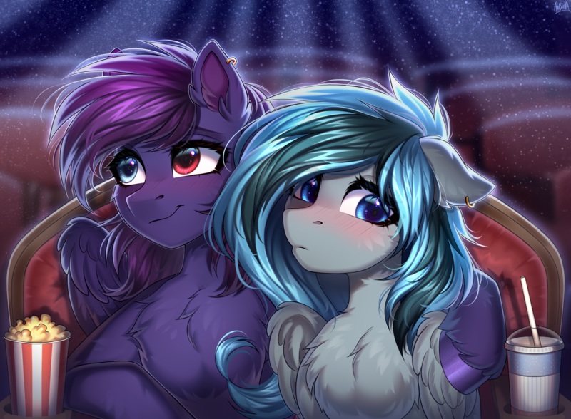 Size: 3400x2500 | Tagged: safe, artist:hakaina, derpibooru import, oc, oc:luny, oc:pestyskillengton, pegasus, pony, blushing, chest fluff, cinema, female, food, heterochromia, image, lesbian, love, png, popcorn