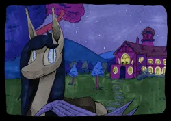Size: 1280x907 | Tagged: safe, artist:darkhestur, derpibooru import, oc, oc:dark, unofficial characters only, bat pony, bat pony oc, bat wings, clothes, folded wings, forest, hill, image, jacket, leather, leather jacket, looking back, mansion, marker drawing, png, starry sky, stone path, traditional art, tree, wings