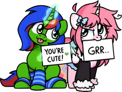 Size: 2540x1917 | Tagged: safe, artist:sugar morning, derpibooru import, oc, oc:christian clefnote, oc:nekonin, unofficial characters only, alicorn, pony, unicorn, :p, alicorn oc, duo, horn, image, magic, png, sign, simple background, sitting, telekinesis, tongue out, transparent background, unicorn oc, wings