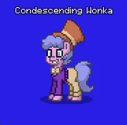 Size: 731x717 | Tagged: safe, derpibooru import, ponified, earth pony, pony, pony town, my little pony: pony life, blue background, charlie and the chocolate factory, condescending wonka, image, meme, png, ponified meme, reference, roald dahl, simple background, solo, willy wonka, willy wonka and the chocolate factory