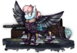 Size: 2600x1800 | Tagged: safe, artist:molars, derpibooru import, oc, oc:cloud jumper, pegasus, pony, fallout equestria, amputee, armor, artificial wings, ashes town, augmented, battle saddle, blue fur, cloud, complex background, enclave, enclave tail, foe enclave, glasses, gun, image, lightning, looking at you, magical energy, markings, png, ponytail, prosthetic limb, prosthetic wing, prosthetics, raised eyebrows, simple background, smiling, spread wings, standing, transparent background, weapon, wings