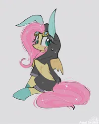 Size: 904x1129 | Tagged: safe, artist:petaltwinkle, derpibooru import, fluttershy, pegasus, pony, clothes, costume, dangerous mission outfit, female, goggles, gray background, hoodie, image, jpeg, looking back, mare, signature, simple background, sitting, solo