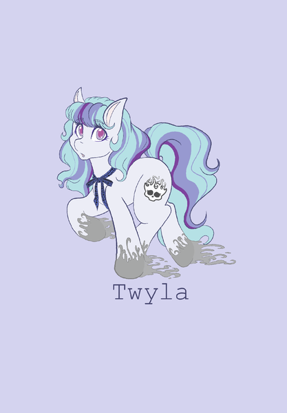 Size: 1423x2048 | Tagged: safe, artist:mscolorsplash, derpibooru import, ponified, earth pony, pony, crossover, female, image, looking at you, mare, monster high, name, png, purple background, ribbon, simple background, solo, twyla