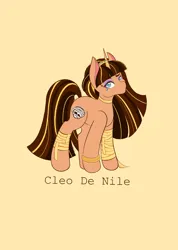 Size: 1462x2048 | Tagged: safe, artist:mscolorsplash, derpibooru import, ponified, pony, unicorn, cleo de nile, crossover, female, image, looking at you, mare, monster high, mummy, name, png, simple background, solo, yellow background
