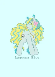 Size: 1462x2048 | Tagged: safe, artist:mscolorsplash, derpibooru import, ponified, earth pony, merpony, pony, blue background, cyan background, female, flower, flower in hair, image, jewelry, lagoona blue, looking at you, mare, monster high, name, necklace, open mouth, open smile, png, simple background, smiling, smiling at you, solo