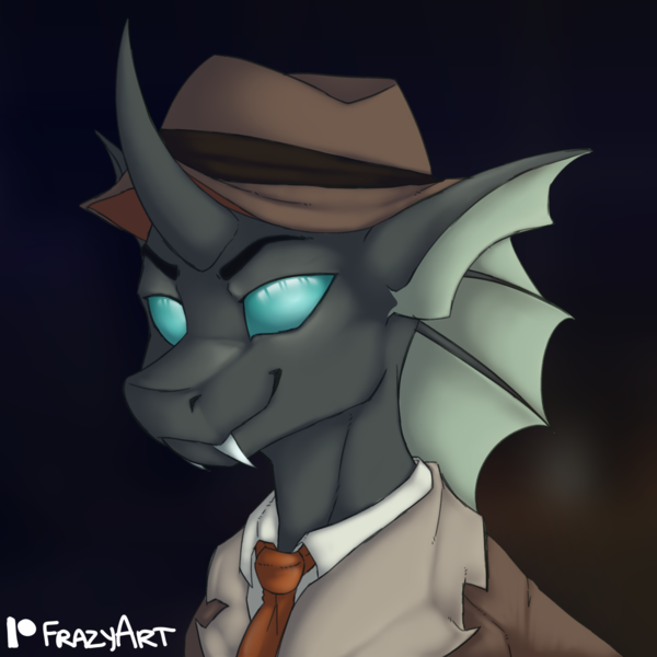 Size: 3000x3000 | Tagged: safe, artist:frazy, derpibooru import, oc, oc:closed case, unofficial characters only, changeling, bust, changeling oc, clothes, commission, fangs, hat, image, looking at you, male, necktie, png, portrait, simple background, smiling, smirk