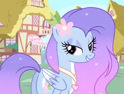 Size: 1421x1080 | Tagged: safe, artist:cstrawberrymilk, derpibooru import, oc, oc:moonlight lullaby, pegasus, pony, butt, female, flower, flower in hair, freckles, image, jewelry, lidded eyes, looking back, mare, necklace, plot, png, ponyville, solo