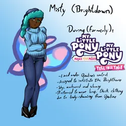 Size: 1080x1080 | Tagged: safe, artist:jackudoggy, derpibooru import, human, g5, my little pony: make your mark, my little pony: tell your tale, breasts, busty misty brightdawn, clothes, dark skin, denim, female, freckles, gradient background, headcanon, humanized, image, jeans, misty brightdawn, pants, png, solo, sweater, turtleneck