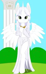 Size: 2800x4500 | Tagged: safe, derpibooru import, oc, oc:κασσάνδρα, alicorn, pony, semi-anthro, alicorn oc, bipedal, clothes, female, horn, image, png, solo, wings