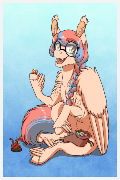 Size: 1181x1772 | Tagged: safe, artist:inuhoshi-to-darkpen, derpibooru import, oc, oc:dracey, unofficial characters only, hybrid, pegasus, braid, chest fluff, d20, dice, dice bag, ear fluff, figurine, glasses, gradient background, image, looking at you, open mouth, pegabat, pegasus oc, png, sack, single fang, sitting, solo, wing fluff, wings