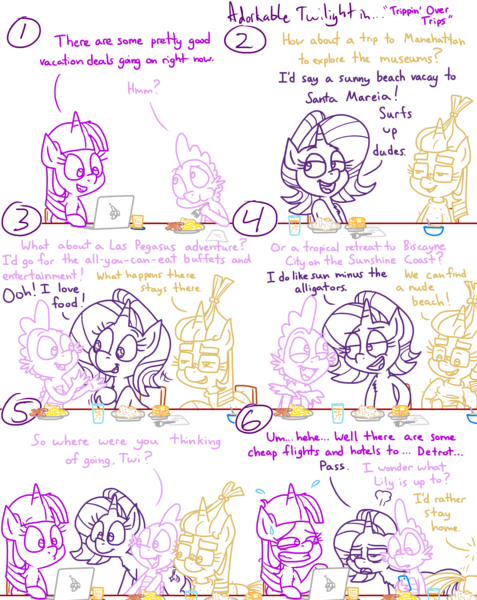 Size: 4779x6013 | Tagged: safe, artist:adorkabletwilightandfriends, derpibooru import, moondancer, spike, starlight glimmer, twilight sparkle, twilight sparkle (alicorn), alicorn, comic:adorkable twilight and friends, adorkable, adorkable twilight, breakfast, clothes, comic, computer, conversation, cute, detrot, disappionted, dork, happy, humor, image, interested, kitchen, laptop computer, nervous, png, sitting, slice of life, smiling, sweater, table, twiabetes