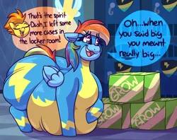 Size: 4000x3174 | Tagged: suggestive, artist:graphenescloset, derpibooru import, rainbow dash, spitfire, pegasus, pony, series:blubberbolt dash, belly, belly on floor, big belly, clothes, dialogue, fat, huge belly, image, incentive drive, large butt, lockers, obese, offscreen character, open mouth, open smile, png, rainblob dash, smiling, speech bubble, uniform, weight gain sequence, wonderbolts, wonderbolts uniform